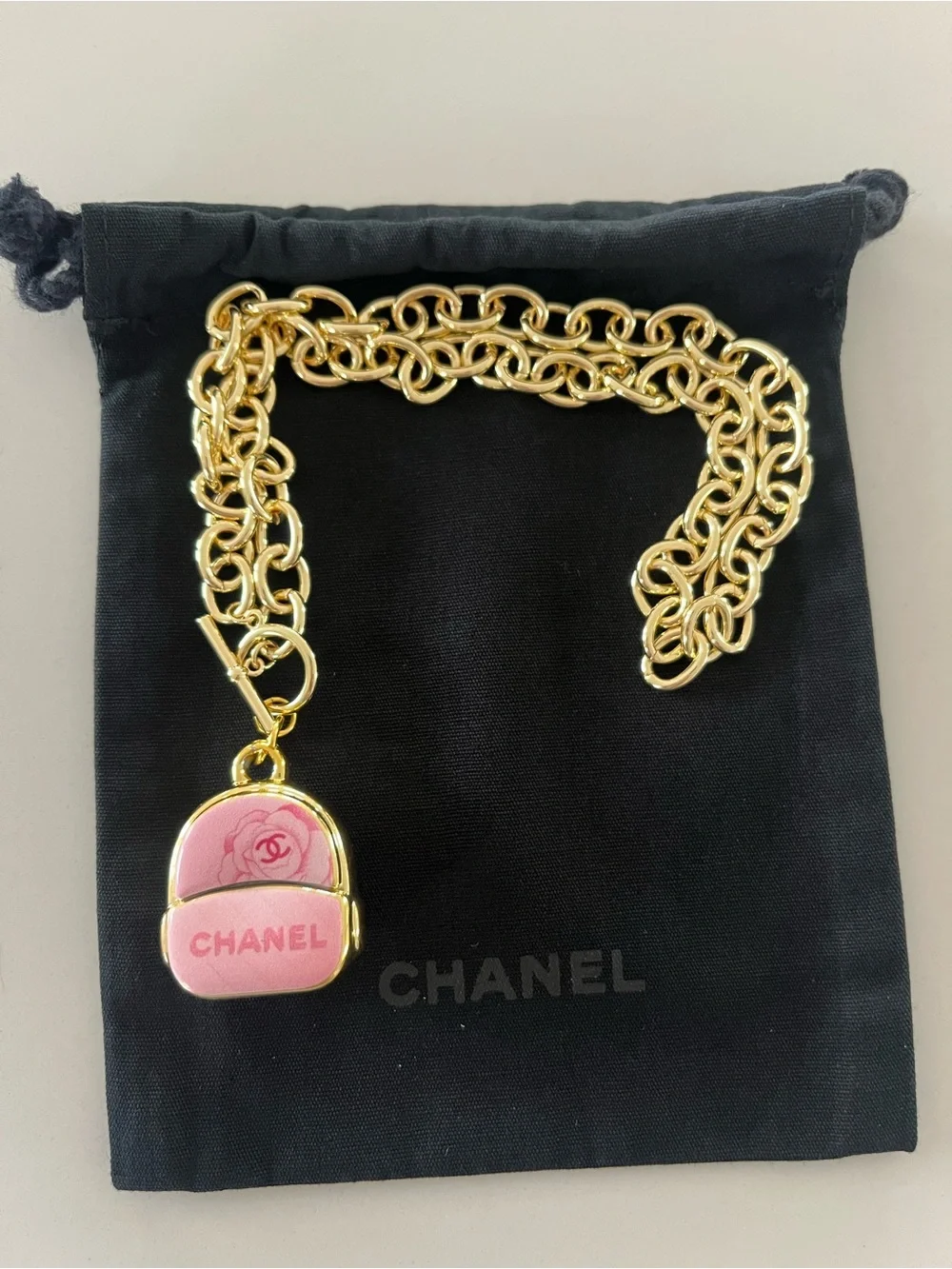 Authentic Chanel Upcycled Large 3D Pink Backpack Charm on 14k GP Toggle Necklace - Picture 4 of 12